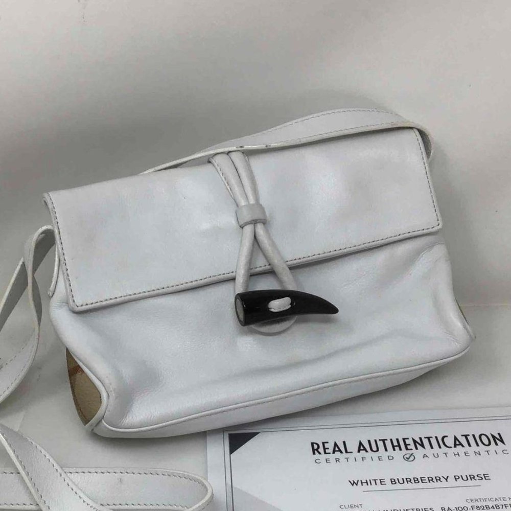 Burberry • White Leather • Horn Toggle • Haymarket Shoulder Bag~ Authentic w COA